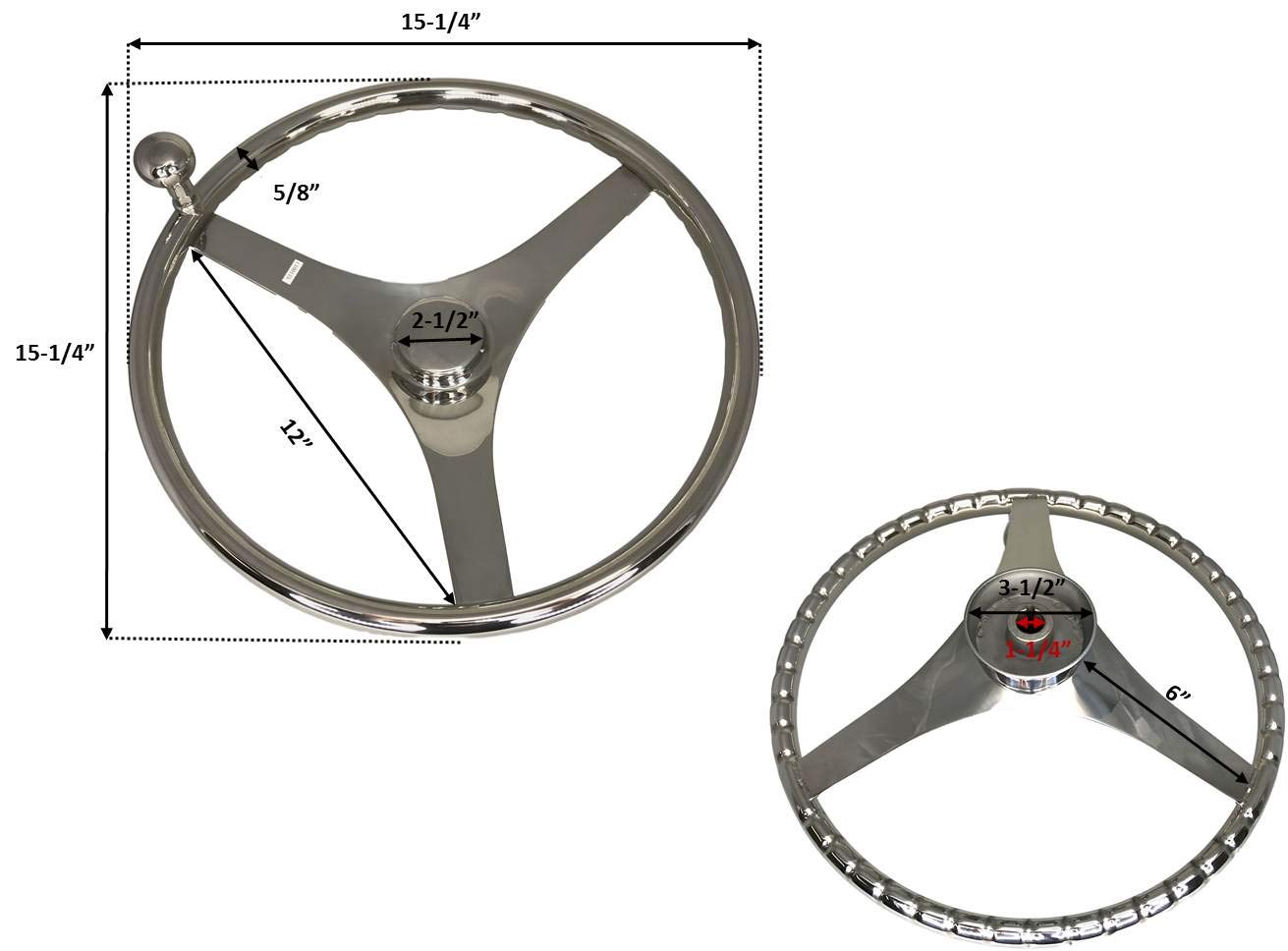 Pactrade Marine Boat 3 Spoke SS Sports Steering Wheel Turning Knob Finger Grips, 15-1/2" L