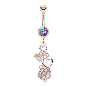 wildklass jewelry golden sparkling cluster heart 316l surgical steel belly button ring (rose gold)