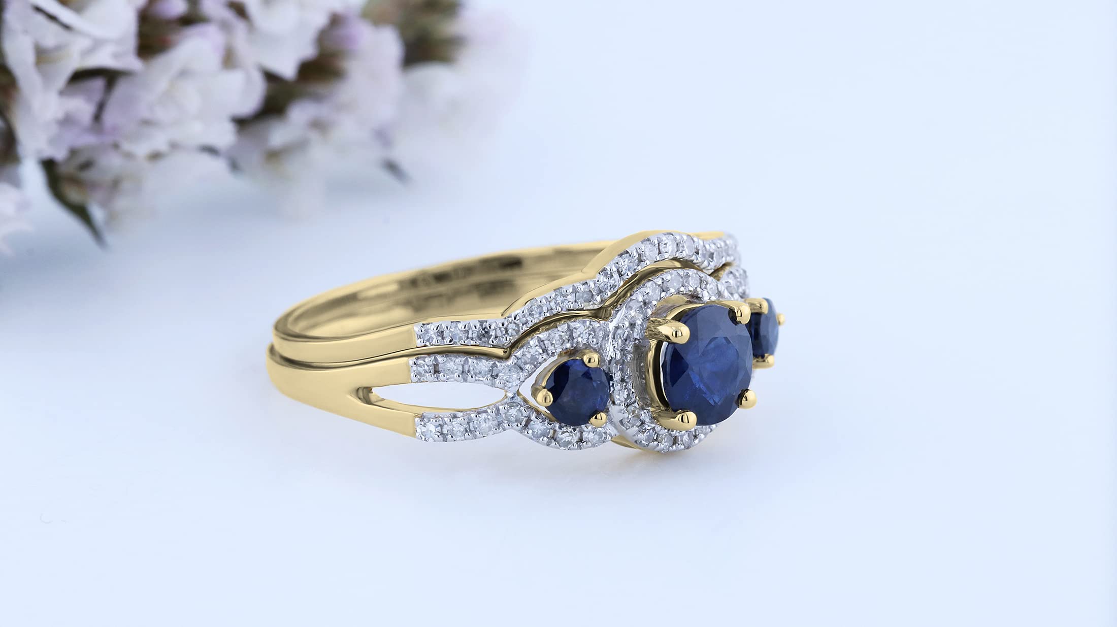 Dazzlingrock Collection Round Blue Sapphire & White Diamond Ladies 3 Stone Halo Wedding Ring Set 10K Yellow Gold, Size 5.5