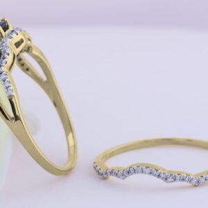 Dazzlingrock Collection Round Blue Sapphire & White Diamond Ladies 3 Stone Halo Wedding Ring Set 10K Yellow Gold, Size 5.5