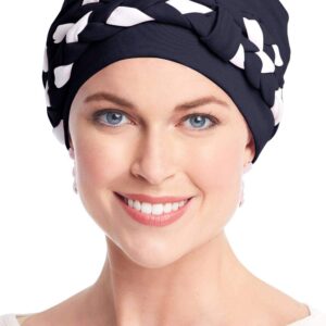 Double Braid Turban Set - All Cotton 2 pc Chemo Cancer Turbans for Women Double Braid - Navy/White