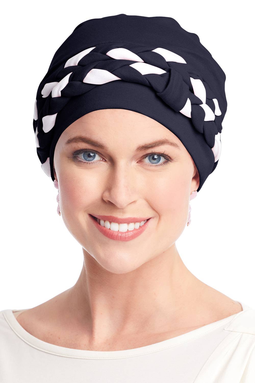 Double Braid Turban Set - All Cotton 2 pc Chemo Cancer Turbans for Women Double Braid - Navy/White