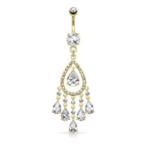 Pierced Owl Tear Drop Chandelier CZ Crystal Deluxe Dangling Belly Button Ring (Gold Tone)