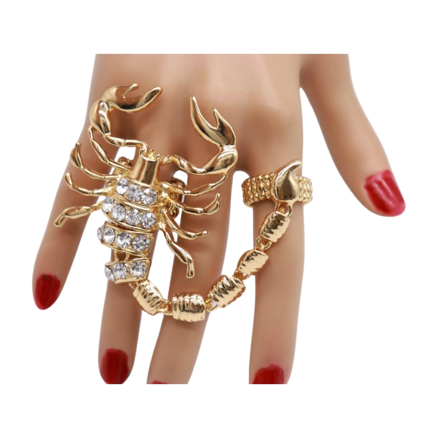 Women Ring Fashion Jewelry Metal Long Scorpion Elastic Band 2 Fingers Gold