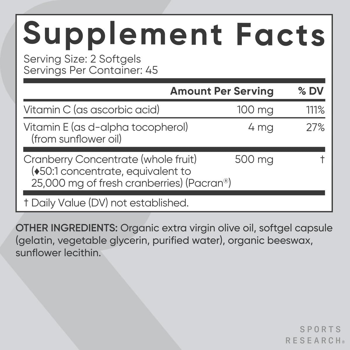 Sports Research Cranberry Fruit Complex Supplement - Softgels for Urinary Tract Health Support - Equal to 25,000mg of Cranberries, Made with Pacran & Vitamins C & E - Non-GMO & Gluten Free - 90 Count