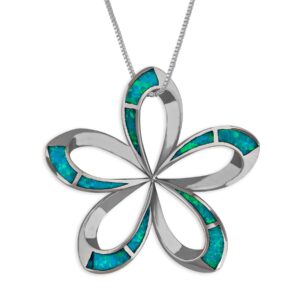 sterling silver synthetic blue opal 21mm open plumeria pendant necklace, 16+2" extender