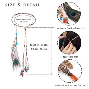 Campsis Indian Peacock Feather Headbands Boho Princess Head Chain Bule Adjust Headdress Handmade Rope Hair Accessories for Women and Girls (G)