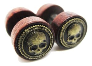 organic wood w/metal skull emblem stud post earrings - new - pair!