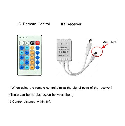 Xking IRC240-S 24 Key IR Remote Led Dimmer Controller for 5050 3528 5630 Single Color Flexible Led Strip Rope Lights Dimmer，12v 6a,DC5.5 * 2.1mm Port