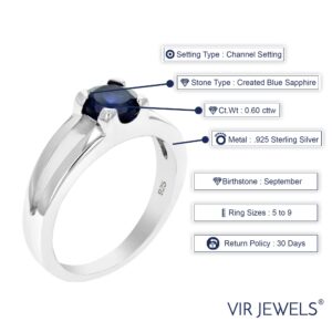 VIR JEWELS 0.60 cttw Created Blue Sapphire Solitaire Ring .925 Sterling Silver Round 6 MM Size 7