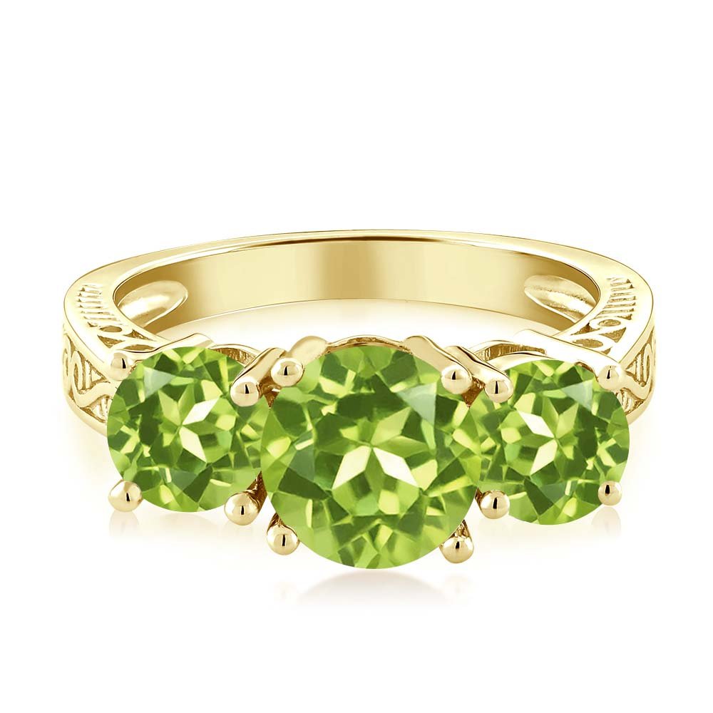 Gem Stone King 18K Yellow Gold Plated Silver Green Peridot 3-Stone Ring For Women (2.35 Cttw, Gemstone Birthstone, Available In Size 5, 6, 7, 8, 9)