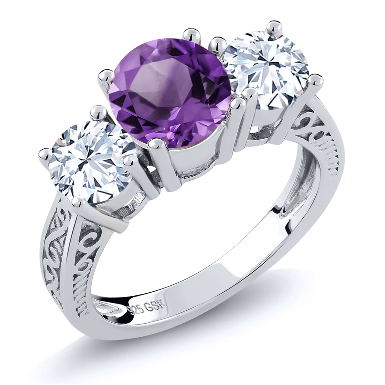 Gem Stone King 925 Sterling Silver Purple Amethyst and White Topaz 3 Stone Ring For Women (2.10 Cttw, Gemstone Birthstone, Available In Size 5, 6, 7, 8, 9)