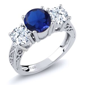 Gem Stone King 925 Sterling Silver Blue Created Sapphire 3 Stone Engagement Ring For Women (3.17 Cttw, Available In Size 5, 6, 7, 8, 9)