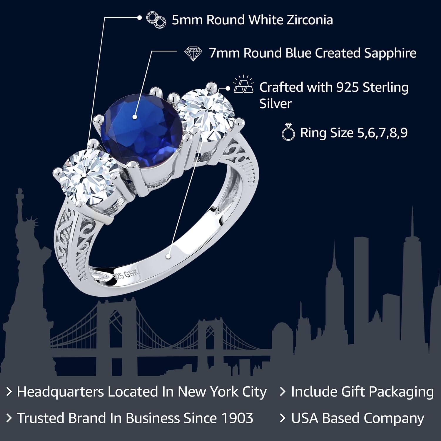 Gem Stone King 925 Sterling Silver Blue Created Sapphire 3 Stone Engagement Ring For Women (3.17 Cttw, Available In Size 5, 6, 7, 8, 9)