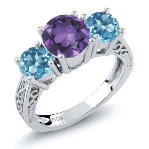 gem stone king 925 sterling silver purple amethyst and swiss blue topaz 3 stone women's engagement ring (2.10 cttw, gemstone birthstone, available in size 5, 6, 7, 8, 9)