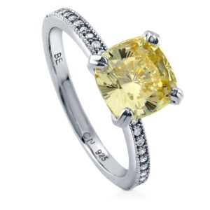 berricle sterling silver solitaire wedding engagement rings 3 carat canary yellow cushion cut cubic zirconia cz ring for women, rhodium plated size 6