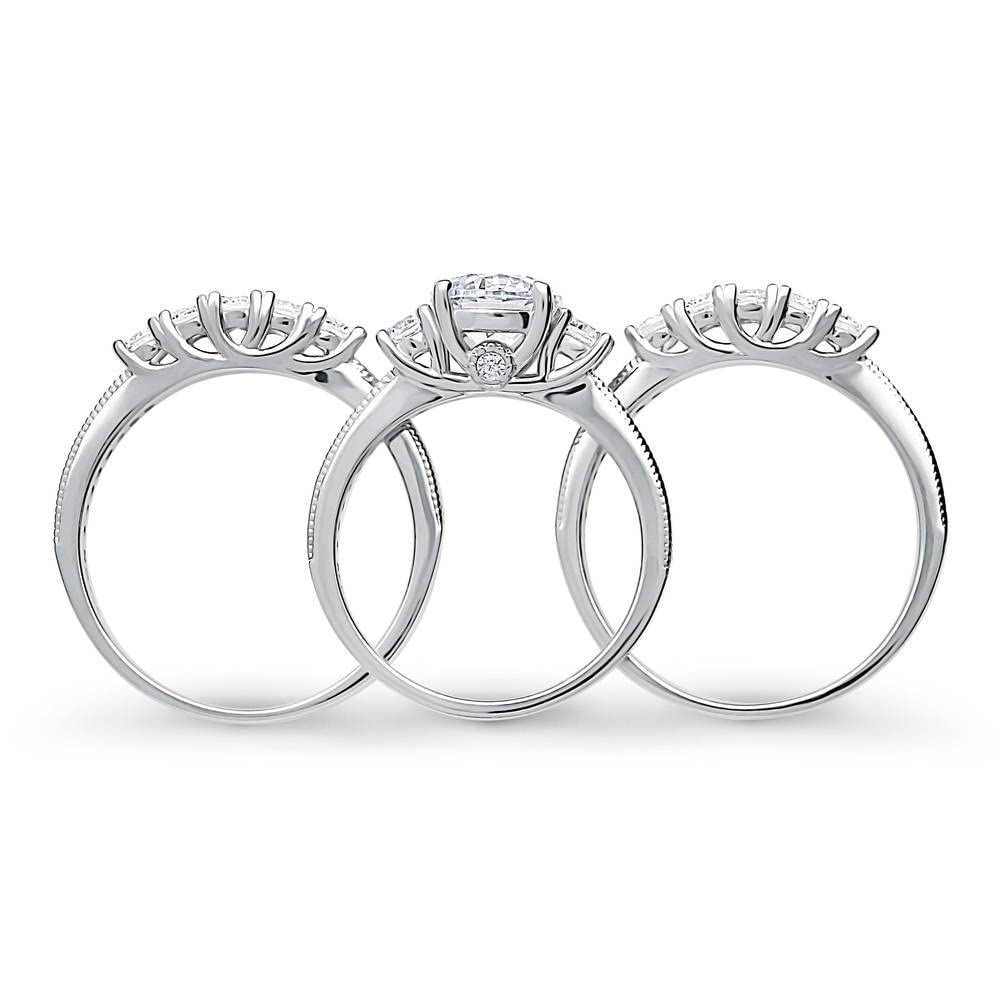 BERRICLE Sterling Silver 3-Stone Wedding Engagement Rings Round Cubic Zirconia CZ Ring Set for Women, Rhodium Plated Size 8.5