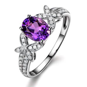 Women's Natural Fashion Purple Amethyst Gemstone Engagement Wedding White Gold 14K Diamond Bands Ring Set