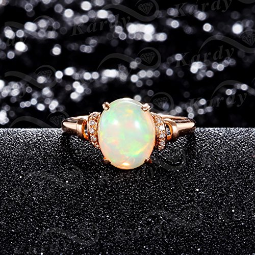 Kardy Vintage Genuine Opal Gemstone Engagement Oval Wedding Diamond Band Ring Anniversary Solid 14K Rose Gold for Women