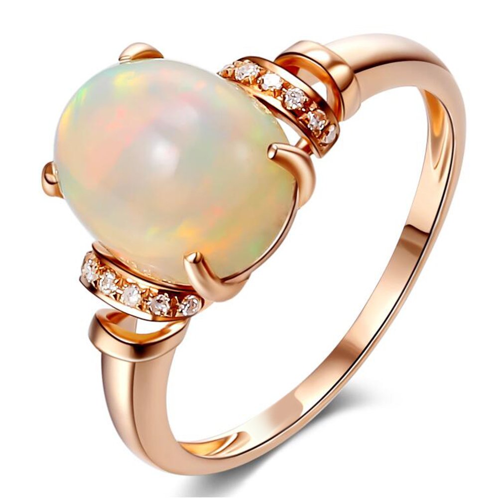 Kardy Vintage Genuine Opal Gemstone Engagement Oval Wedding Diamond Band Ring Anniversary Solid 14K Rose Gold for Women