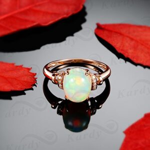 Kardy Vintage Genuine Opal Gemstone Engagement Oval Wedding Diamond Band Ring Anniversary Solid 14K Rose Gold for Women