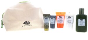 origins best sellers set for women - 5 pc 1oz checks face wash, 3.8oz lotion, 0.5oz clear charcoal face mask,1.62oz serum, 1.69oz moisturizer