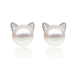 S.Leaf Cat Earrings Pearl Earrings Sterling Silver Earrings for Women Cat Memorial Gifts Cat Gifts for Cat Lovers