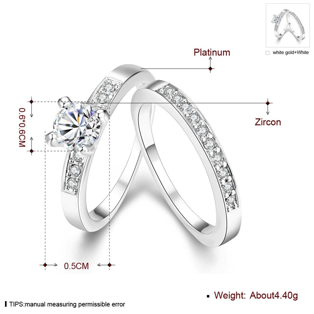 Women's Pretty 18K White Gold Plated Solitaire Wedding Bands TIVANI Collection Jewelry Rings,9