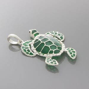 Million Charms 925 Sterling Silver Sea Turtle Charm Necklace Pendant with Chain, Green Stained Glass Enamel