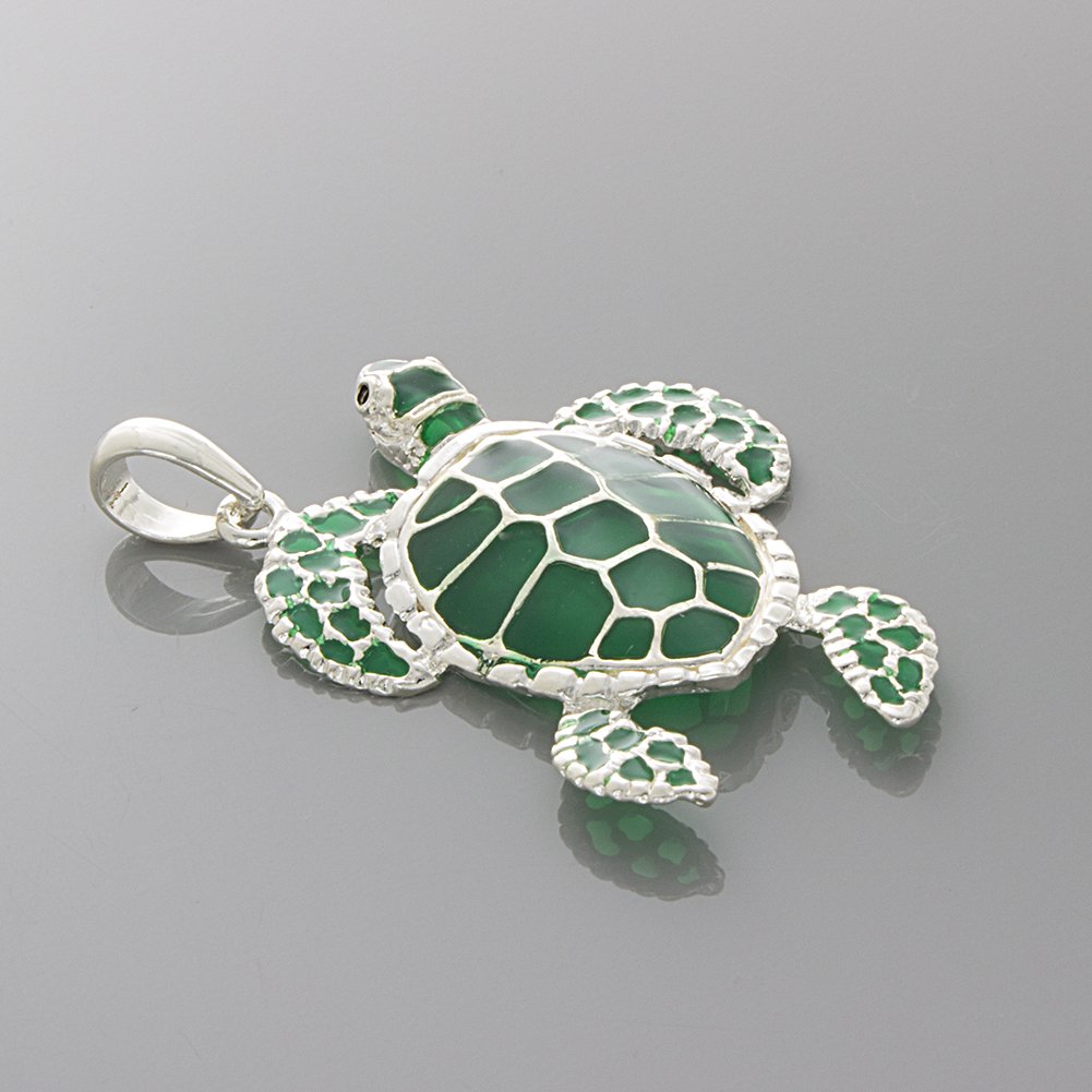 Million Charms 925 Sterling Silver Sea Turtle Charm Necklace Pendant with Chain, Green Stained Glass Enamel