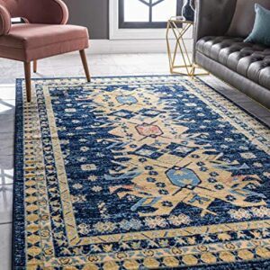 Unique Loom Taftan Collection Border Geometric Tribal Inspired Design Area Rug, 9 ft x 12 ft, Navy Blue/Gold