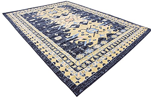 Unique Loom Taftan Collection Border Geometric Tribal Inspired Design Area Rug, 9 ft x 12 ft, Navy Blue/Gold