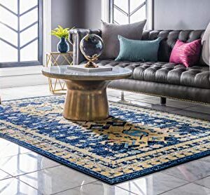 Unique Loom Taftan Collection Border Geometric Tribal Inspired Design Area Rug, 9 ft x 12 ft, Navy Blue/Gold