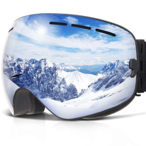 copozz ski goggles, g1 otg snowboard snow goggles for men women youth, interchangeable double layer anti fog uv protection lens, polarized goggles available (g1-black frame silver lens (vlt 10.1%))