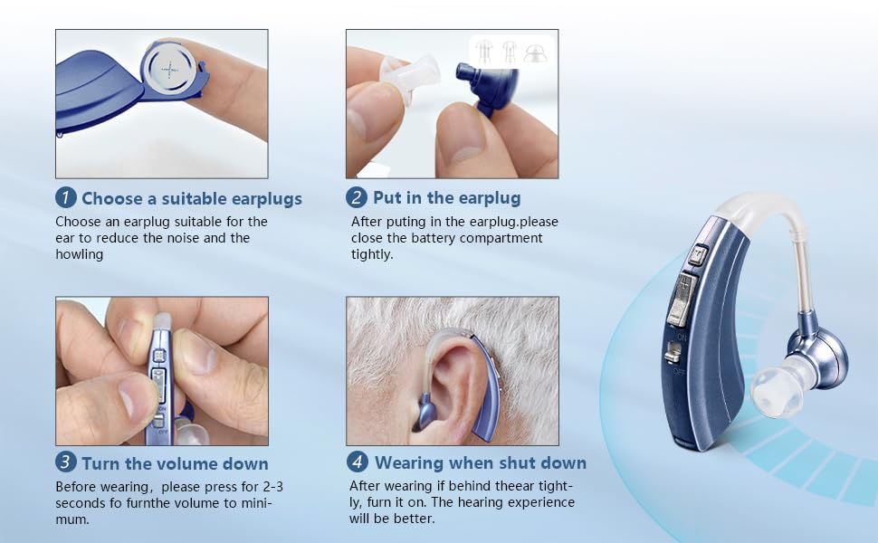 Digital Hearing Amplifier by Britzgo BHA-220. 500hr Battery Life, Modern Blue, Doctor and Audiologist Designed