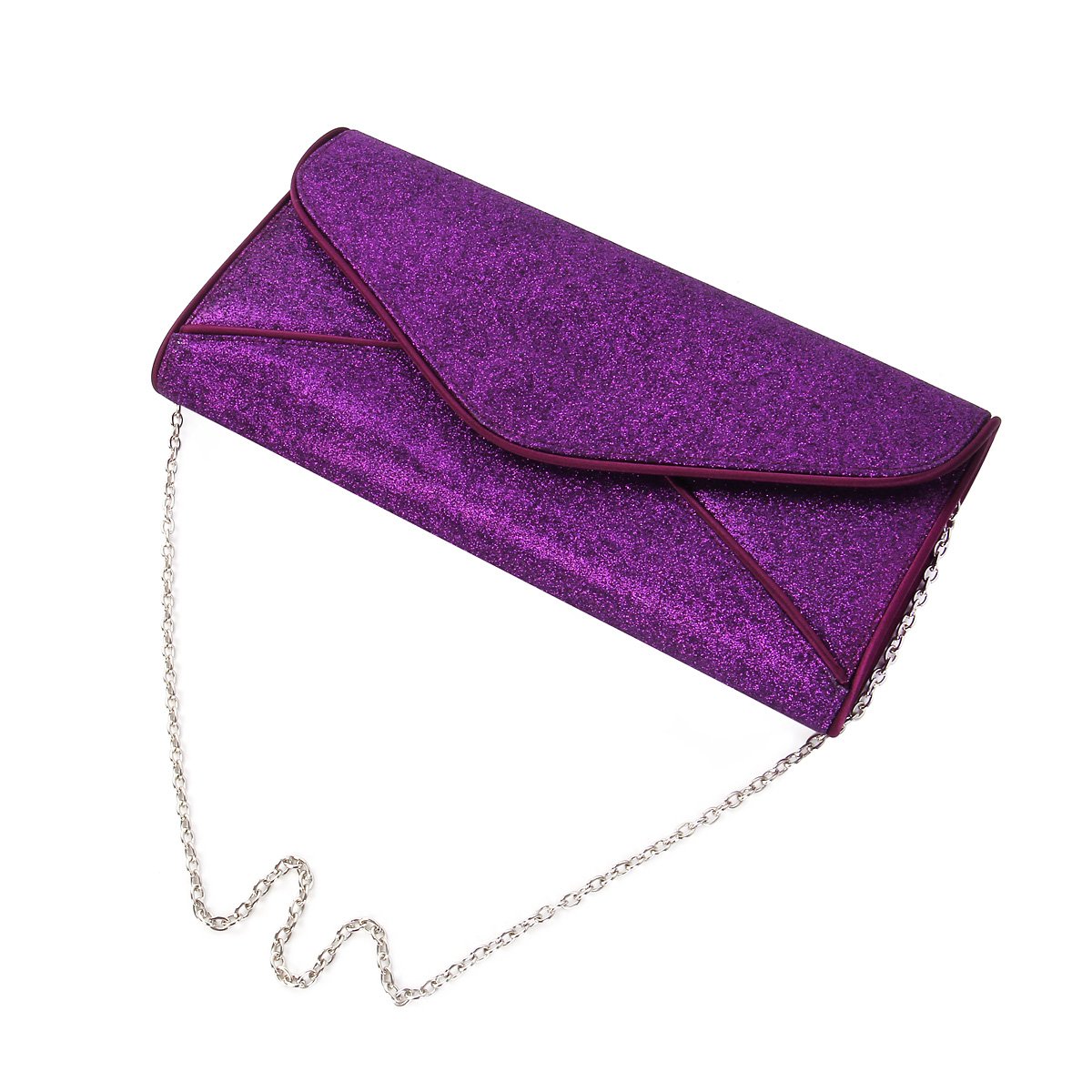 Premium Large Metallic Glitter Envelope Flap Clutch Evening Bag, Purple