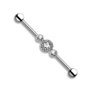 BodyJewelryOnline 14ga Industrial Barbell - Three CZ Centered Multi Paved Circle 316L Surgical Steel (Clear)