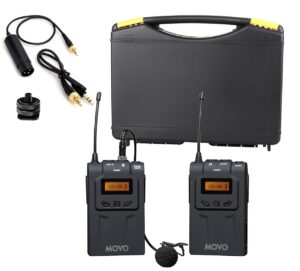 movo wmic70 wireless lavalier microphone system - 48 channel uhf lapel mic system with cordless mic, 3.5mm xlr output, and carrying case (328-foot range) - lavalier wireless microphone system