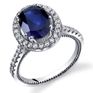 PEORA Created Blue Sapphire Halo Milgrain Solitaire Ring for Women 925 Sterling Silver, 2.75 Carats Oval Shape 9x7mm Size 9