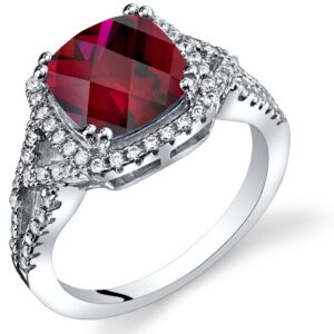 PEORA Created Ruby Enchanting Halo Solitaire Ring for Women 925 Sterling Silver, 3 Carats Cushion Cut 8mm, Size 8