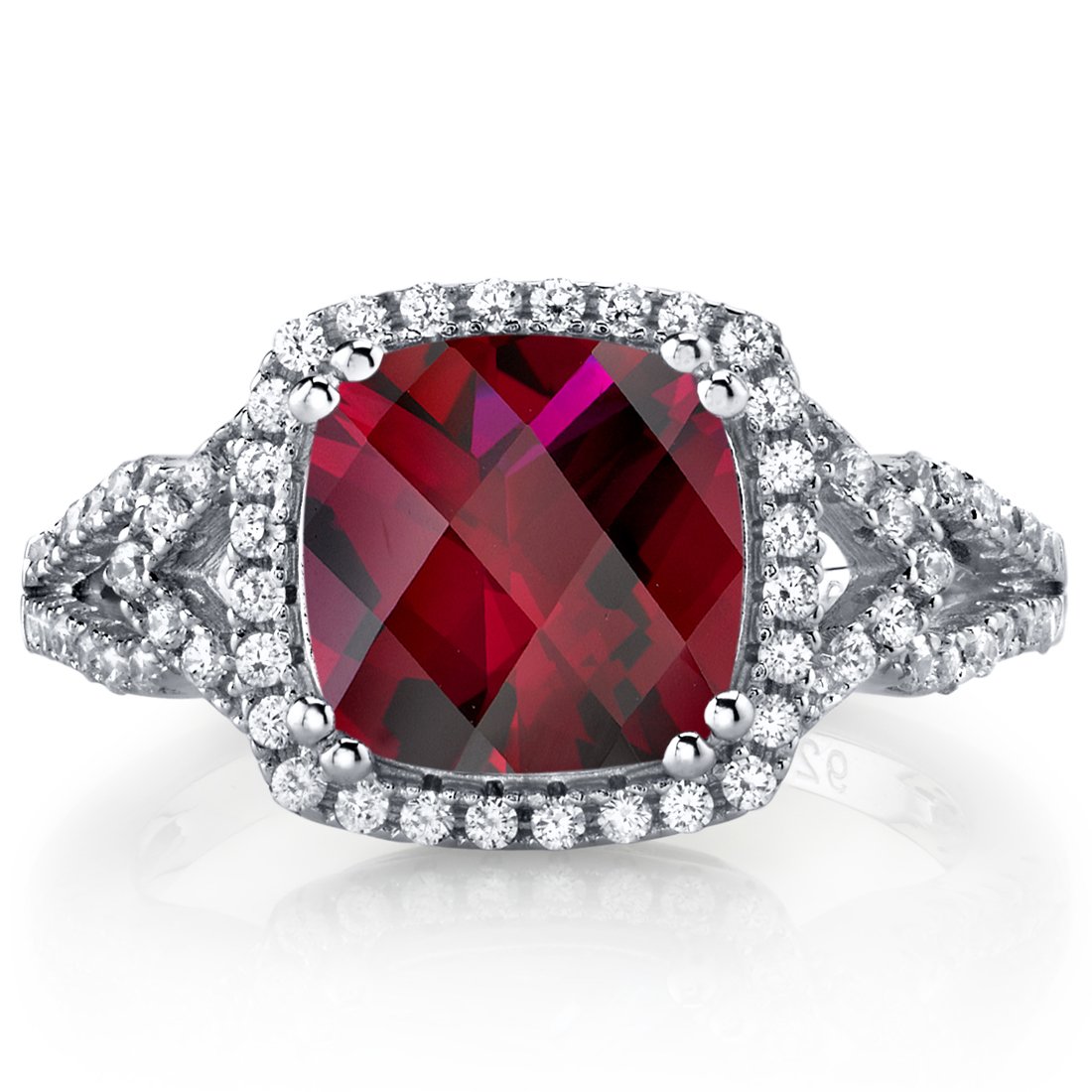 PEORA Created Ruby Enchanting Halo Solitaire Ring for Women 925 Sterling Silver, 3 Carats Cushion Cut 8mm, Size 8