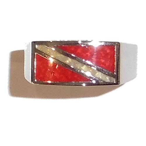 Dive Flag Ring - Tarnish-Free Rhodium-Plated Bronze, with Inlay of Simulated Red Coral and Mother-of-Pearl Chips (12)