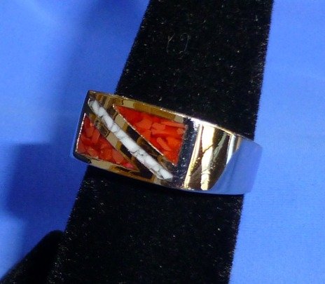 Dive Flag Ring - Tarnish-Free Rhodium-Plated Bronze, with Inlay of Simulated Red Coral and Mother-of-Pearl Chips (12)