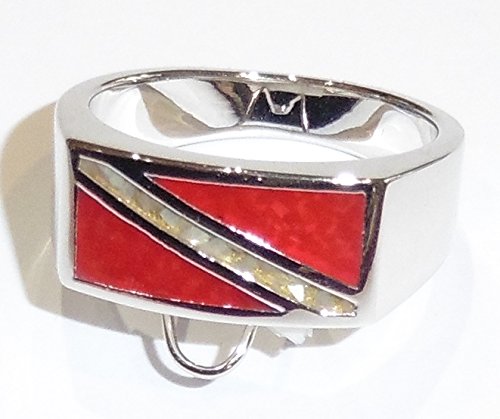 Dive Flag Ring - Tarnish-Free Rhodium-Plated Bronze, with Inlay of Simulated Red Coral and Mother-of-Pearl Chips (12)