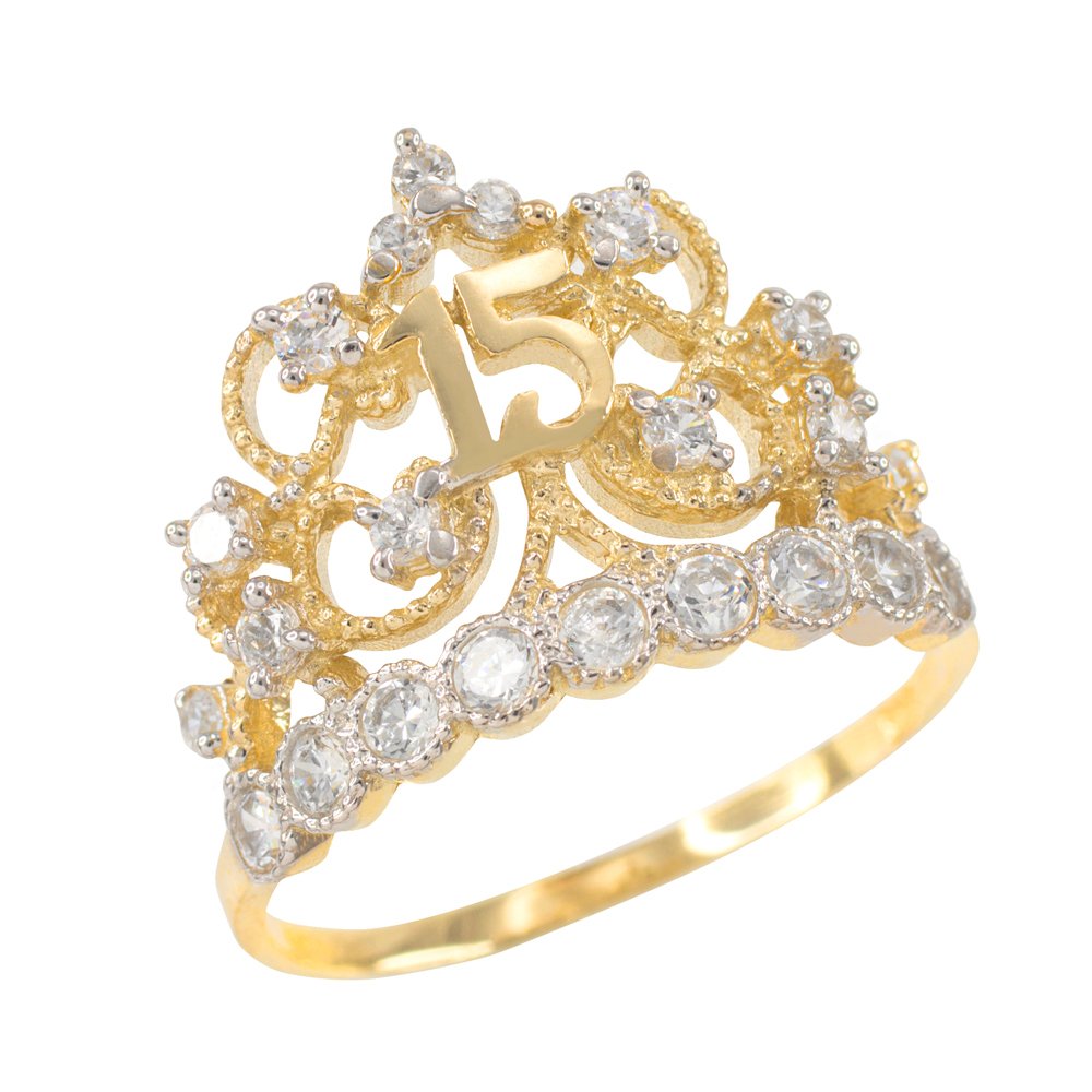 10k Yellow Gold CZ-Studded Crown Sweet 15 Anos Quinceanera Ring (Size 6.5)