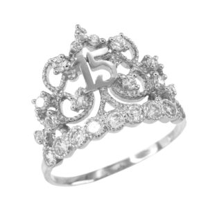 14k white gold cz-studded crown sweet 15 anos quinceanera ring (size 7)