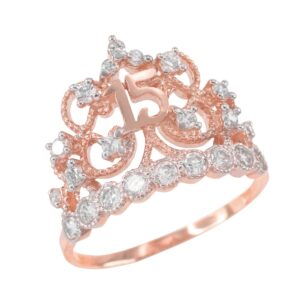 10k Rose Gold CZ-Studded Crown Sweet 15 Anos Quinceanera Ring (Size 8.25)