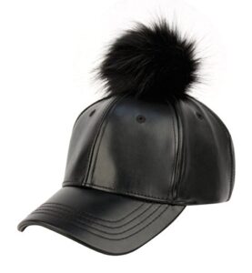 faux leather five panel pom pom baseball cap ,black/black,one size