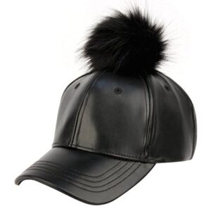 Faux Leather Five Panel Pom Pom Baseball Cap ,Black/Black,One Size