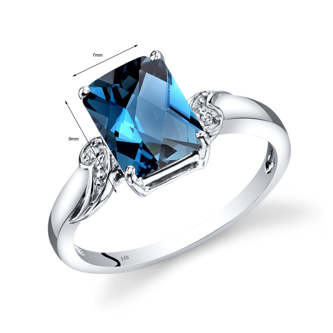 PEORA London Blue Topaz and Diamond Classic Ring for Women 14K White Gold, Natural Gemstone Birthstone, 2.50 Carats Radiant Cut 9x7mm, Size 7